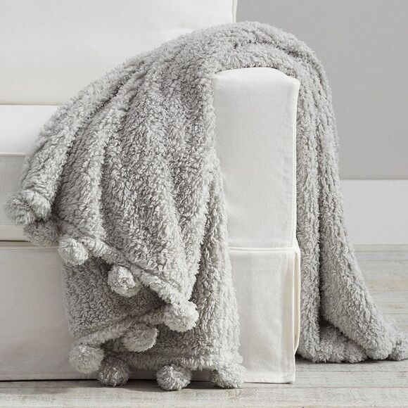 Pottery Barn Cozy Pom Pom Sherpa Throw - Color: Smoke - Picture 1 of 8